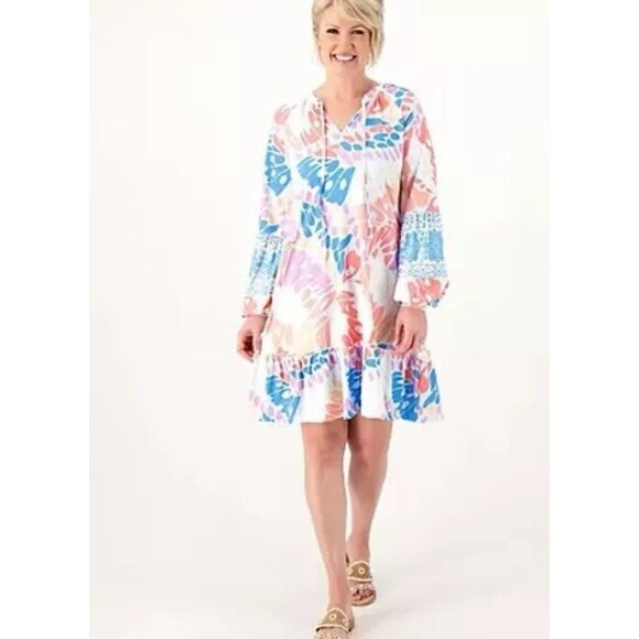 Tolani Dress Size Large Long-Sleeve Tiered Ruffle Hemline Pockets-Coral  NWT 021 - Picture 1 of 7